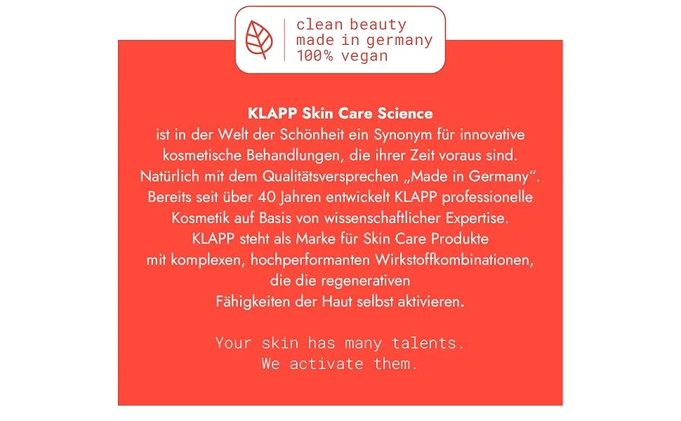 KLAPP Cosmetics Triple Action Glow Peeling AHA + BHA 30ml - Informatieve tekst over KLAPP Skin Care Science, waarin de Duitse oorsprong, veganistische ingrediënten en 40-jarige geschiedenis in professionele cosmetische behandelingen worden benadrukt