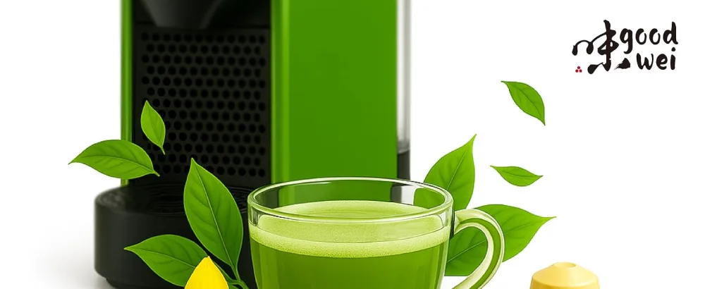 Goodwei Matcha Vanilla Tea Capsules Matcha Green Tea Caps with real Vanilla Extract Compatible with Nespresso* 20 pieces - Groen getinte drankenafbeeldingen met glazen met citrusgarnituren en verse bladeren, gerangschikt in meerdere promotiefoto