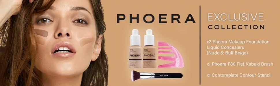 Glamza Phoera Foundation full coverage makeup set Inclusive Nude & Buff Buff Buff Big 30ml Mats Foundation Phoera Flt Kabuki Brush & Contort Peature for sharper more defined - 604 phoera kit