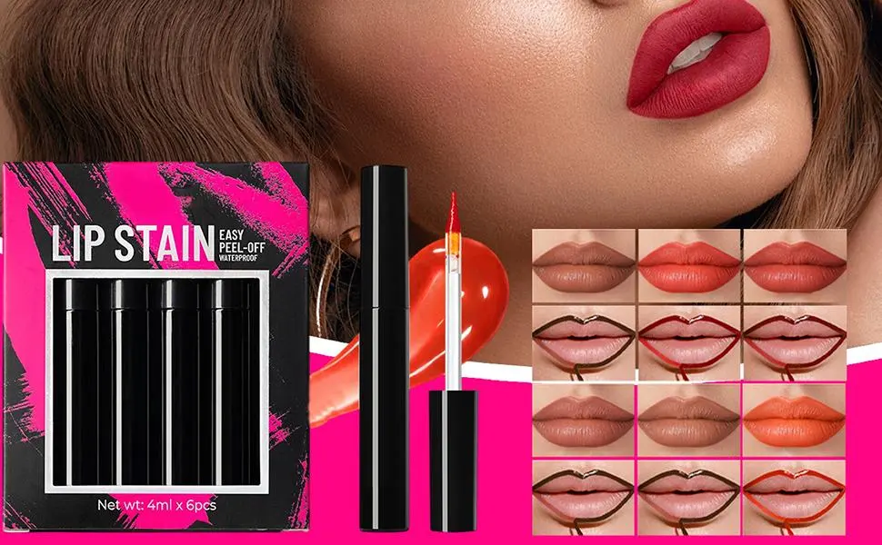 Amesor Lip Lacquer Peel Off Peeloff Makeup Discoloration 6 Pack Smudge Resistant Highly Pigmented Lip Paint for Women and Girls - Lipliner Verkleuring