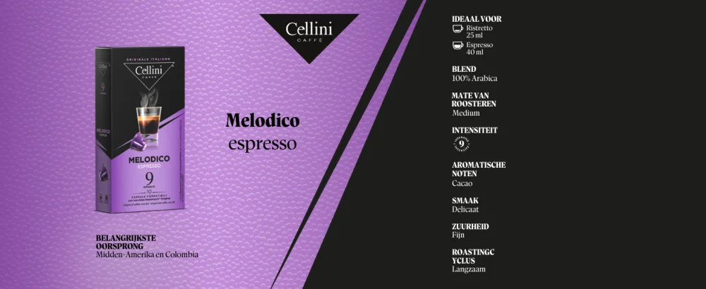 Cellini coffee capsules compatible with Nespresso* 100 pieces Coffee with sweet and fruity notes Nespresso* compatible capsules Cremoso - Melodico