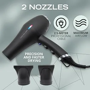 Corioliss Professional Ionic FLOW Power hairdryer Black Chrome 2200 W 3 temperature settings and 2 speed settings - Professionele haardroger met snelheidsregeling 2000W ionisch voor vrouwen