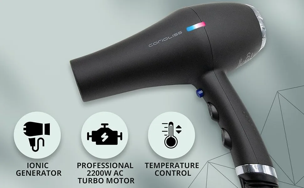 Corioliss Professional Ionic FLOW Power hairdryer Black Chrome 2200 W 3 temperature settings and 2 speed settings - Professionele haardroger met snelheidsregeling 2000W ionisch voor vrouwen