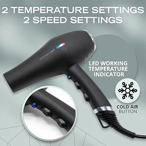 Corioliss Professional Ionic FLOW Power hairdryer Black Chrome 2200 W 3 temperature settings and 2 speed settings - Professionele haardroger met snelheidsregeling 2000W ionisch voor vrouwen