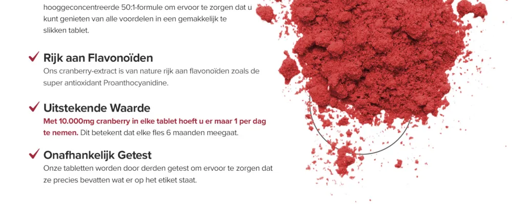 Pureclinica Double Strength Cranberry Extract 10000mg x 720 Tablets 4 Bottles of 180 2 Year Supply - Levendig display met productinformatie over het rode poedersupplement met het flavonoïdegehalte en de dagelijkse waarde met een verspreid poedereffect