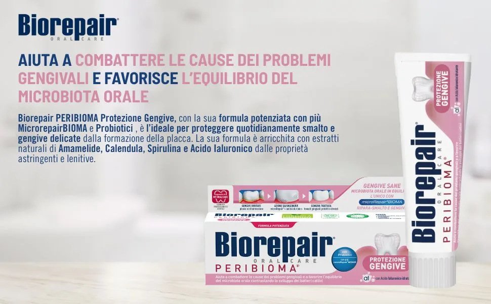 Biorepair toothpaste to protect the gums peribiome combats and prevents gum problems with probiotics moisturizing hyaluronic acid without fluorine 75 ml - De tekst luidt