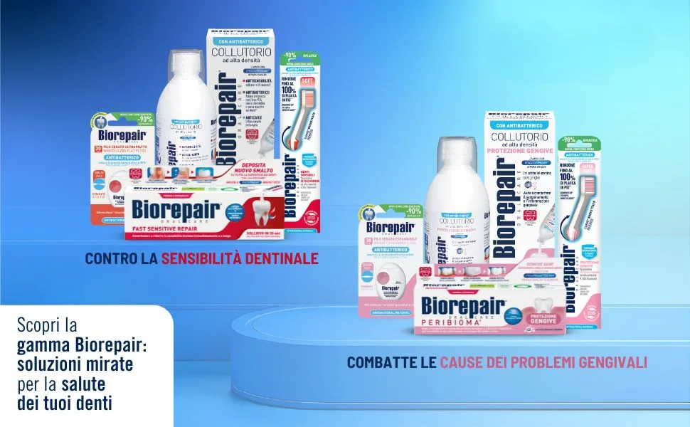 Biorepair toothpaste to protect the gums peribiome combats and prevents gum problems with probiotics moisturizing hyaluronic acid without fluorine 75 ml - Samengesteld marketingbeeld met meerdere Biorepair-productpakketten en merkelementen tegen een blauwe achtergrond. Er worden verschillende tubes tandpasta en producten voor tandverzorging getoond.