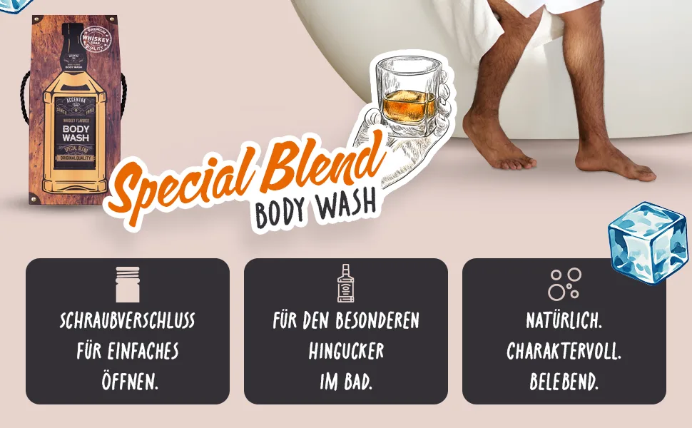 Accentra Shower gel SPECIAL BLEND in bottle incl gift box in whiskey look 400ml fragrance Whiskey refillable blackorange - aplus content image