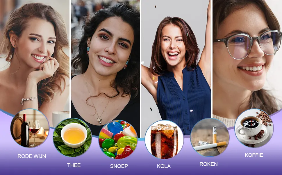 ACWOO Purple Tooth Whitening Toothpaste Teeth Cleaning Toothpaste Foam Toothpaste Stain Removing Tooth Purple Tooth Whitening Toothpaste for Sensitive Teeth and Yellow Teeth Clean 60ml Mousse Type - Lifestyle menu-interface met zes ronde pictogrammen voor eten en drinken met labels eronder, gerangschikt in een horizontale rij tegen een gradiëntachtergrond.