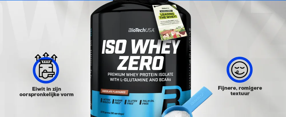 BioTechUSA Iso Whey Zero Premium Whey Protein Isolate GrassFed EnzymeFree Sugar and Glutenfree 1816 g Caff Latte Caff Latte 1816 g - Container met ISO Whey Zero-eiwitpoeder. Zwart-blauwe verpakking met de productnaam prominent weergegeven. Logo