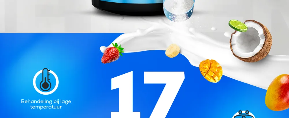 BioTechUSA Iso Whey Zero Premium Whey Protein Isolate GrassFed EnzymeFree Sugar and Glutenfree 1816 g Caff Latte Caff Latte 1816 g - Helderblauwe achtergrond met groot wit nummer 17. Tropisch fruit en een kokosnoot die rond het nummer zweeft.