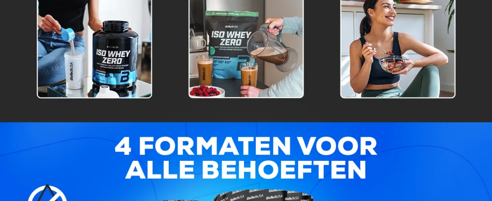 BioTechUSA Iso Whey Zero Premium Whey Protein Isolate GrassFed EnzymeFree Sugar and Glutenfree 1816 g Caff Latte Caff Latte 1816 g - Productadvertentie met drie panelen met trainingssupplementen in verschillende formaten, met Nederlandse tekst die meerdere formaatopties aangeeft