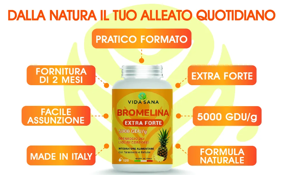 jasa srls Bromelina 5000 GDUg with dandelion natural food supplement with high titration for fluid drainage and cleaning function 120 capsules - De tekst luidt