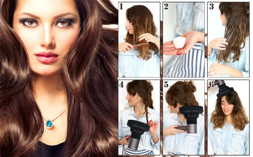 Cutiolly Universal hair diffuser hairdryer diffuser attachment for curly and naturally wavy hair professional hairdryer diffuser Black - Samengestelde afbeelding die het haarstylingproces toont. Het hoofdpaneel toont lang, glanzend bruin haar. Kleinere panelen demonstreren borstel-, was- en föhntechnieken voor haarverzorging en styling
