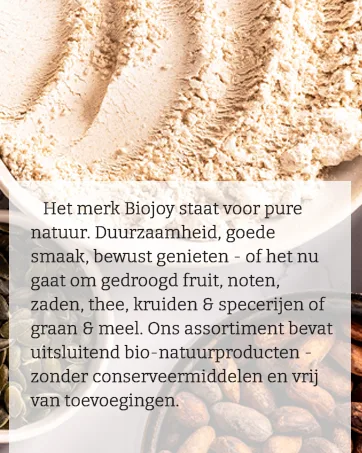 Biojoy BIO Hazelnuts raw and unsalted 250 g - Textuur van dichtbij van een lichtbeige, pluizig materiaal. Tekst in het Nederlands beschrijft natuurlijke, duurzame voedingsproducten.