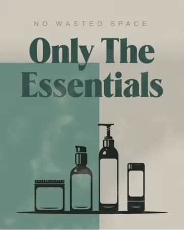 Shear Revival Younger Day Pomade 4 oz - Minimalistische poster met vier essentiële artikelen voor persoonlijke verzorging: pot, spuitfles, pompfles en slang. De tekst luidt