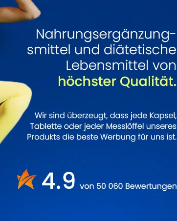Inositol Powder 200g OstroVit - Blauwe achtergrond met Duitse tekst over voedingssupplementen en dieetproducten van de hoogste kwaliteit. Oranje sterpictogram met een beoordeling van 4,9 op basis van 50.060