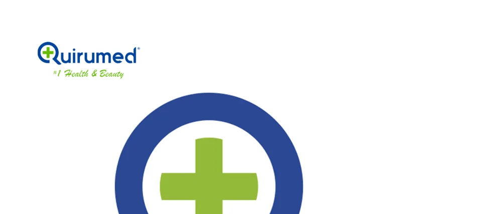 QUIRUMED 4in1 facial massage - Logo van het bedrijf Quirumed met een gestileerd blauw en groen medisch kruissymbool met de bedrijfsnaam