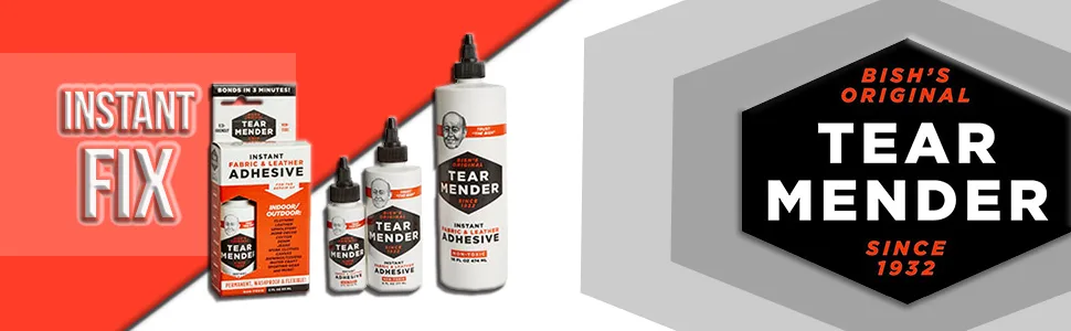 Tear Mender Instant Fabric and Leather Adhesive  2 oz Bottle-Carded  TM-1  White 2 oz. Bottle - Carded Adhesive - adhesive, glue, instant, patch, fix, crafts, fabric, sew, stitch, repair, mend, tear, rip, emergency
