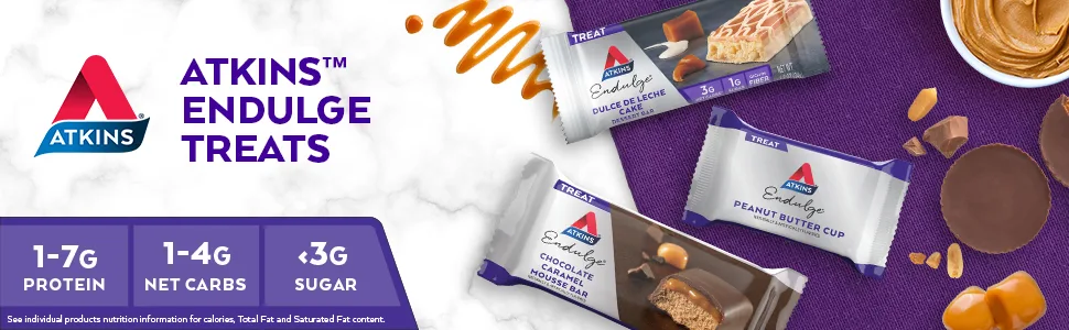 Atkins Endulge Bar Peanut Caramel Cluster -- 1.2oz 5 Bars - Image talking about Endulge Macros; 1-7g protein, 1-4g net carbs, less than 3g sugar