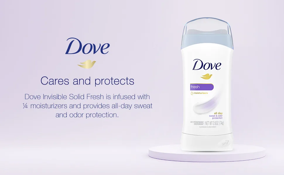 Dove Invisible Solid Antiperspirant Deodorant Stick for Women  Fresh  For All Day Underarm Sweat & Odor Protection 2.6 oz - Dove Invisible Solid Fresh is infused with ¼ moisturizers, provides all day sweat, odor protection