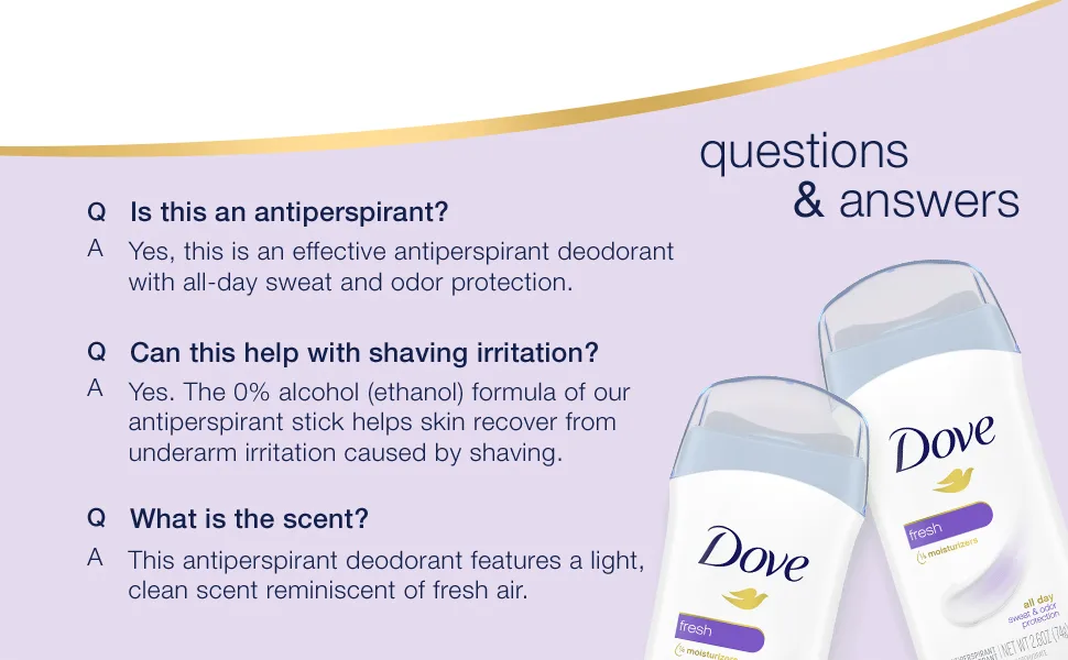 Dove Invisible Solid Antiperspirant Deodorant Stick for Women  Fresh  For All Day Underarm Sweat & Odor Protection 2.6 oz - questions & answers