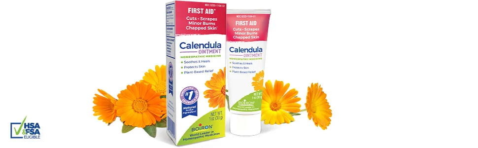 Boiron Calendula Ointment for Relief from Minor Burns  Cuts  Scrapes  and Insect Bites - 1 Oz - Calendula Ointment box and tube with Calendula flowers HSA & FSA