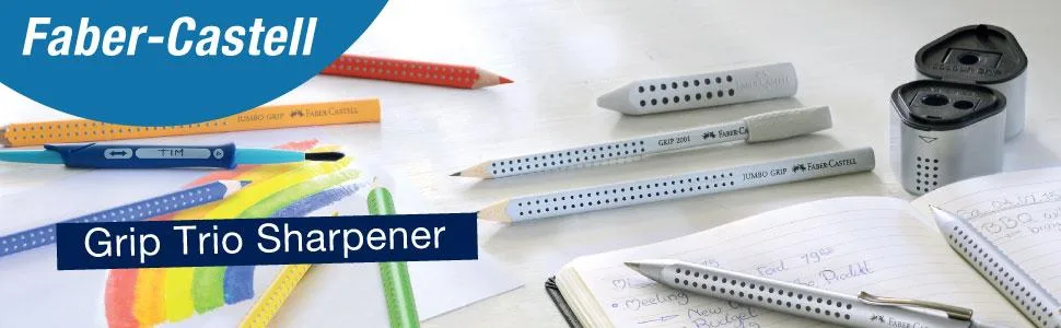 Faber-Castell Grip Trio Pencil Sharpener - Grey  3-in-1 Artist Pencil Sharpener  Manual Handheld Sharpener for Colored Pencil  Jumbo and Graphite Pencils - Pencil Sharpener, Kids Sharpener, drawing, colored pencils, sketching, graphite pencils