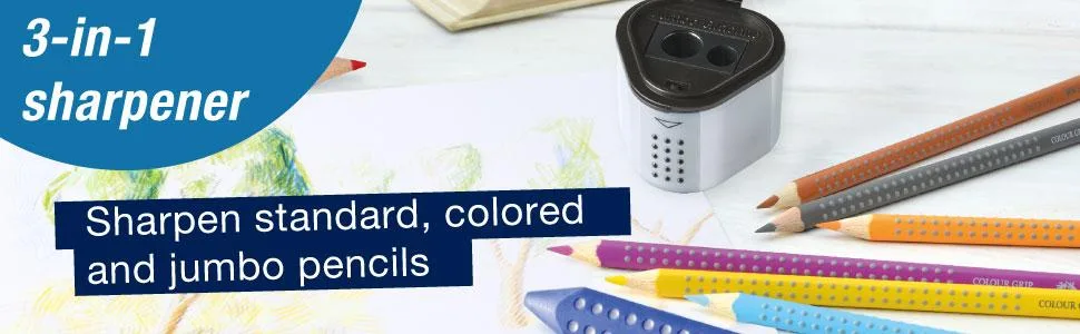 Faber-Castell Grip Trio Pencil Sharpener - Grey  3-in-1 Artist Pencil Sharpener  Manual Handheld Sharpener for Colored Pencil  Jumbo and Graphite Pencils - Pencil Sharpener, Kids Sharpener, drawing, colored pencils, sketching, graphite pencils