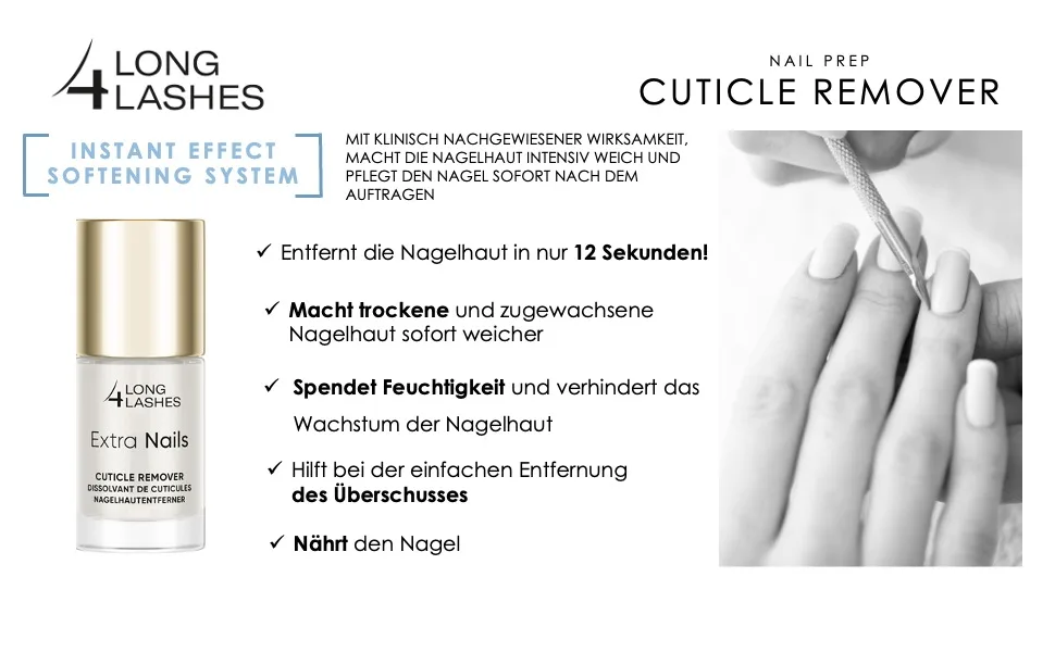  Long4Lashes Long4Lashes Extra Nails Cuticle Cutter 10ml | Cuticle Remover with Express Effect | Soft Cuticles and Neat Nails | Manicure at Home - Le texte inclut « CILS », « CUTICULES REMOVER ». Mise en page des informations sur le produit montrant les détails et les spécifications des produits de beauté sur fond blanc avec un design minimaliste.
