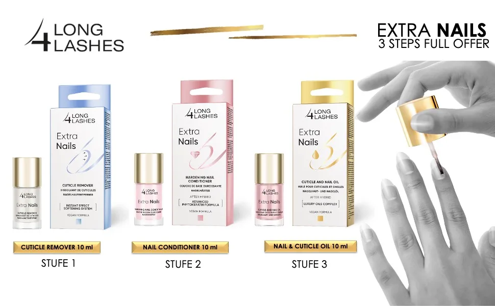  Long4Lashes Long4Lashes Extra Nails Cuticle Cutter 10ml | Cuticle Remover with Express Effect | Soft Cuticles and Neat Nails | Manicure at Home - Le texte indique « 4 LONGS CILS », « ONGLES SUPPLÉMENTAIRES ». Gamme de produits comprenant trois bouteilles avec un emballage rose, bleu et jaune, ainsi qu'une image de démonstration de la main.