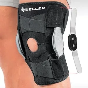 Mueller Sports Medicine Adjustable Hinged Knee Brace  Black/Gray  One Size Fits Most - Geared hinges help control against unwanted motion by keeping the leg moving in proper motion.