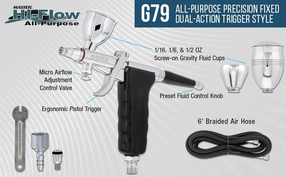 Master Airbrush Model G79 All-Purpose Precision Fixed Dual-Action Trigger Style - Master Airbrush Multi-Purpose Dual Action Trigger Gravity Feed Airbrush