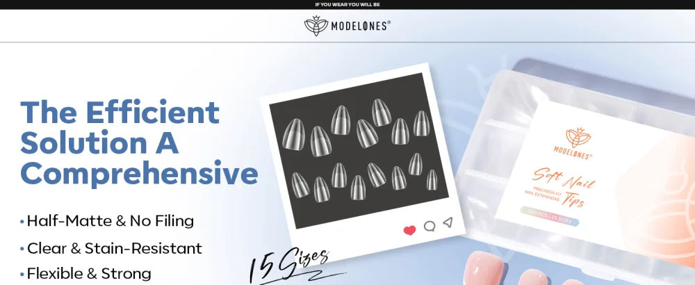  Modelones Modelones 360-Piece False Nail Set - Full Cover - Soft Gel - PMMA Resin - Glue-On - DIY - Size XS - Almond - Le texte indique « Efficace », « Complet », « Semi-mat et sans limage », « Transparent et résistant aux taches », « Flexible et solide ». Présentoir marketing professionnel pour les produits de soin des ongles.