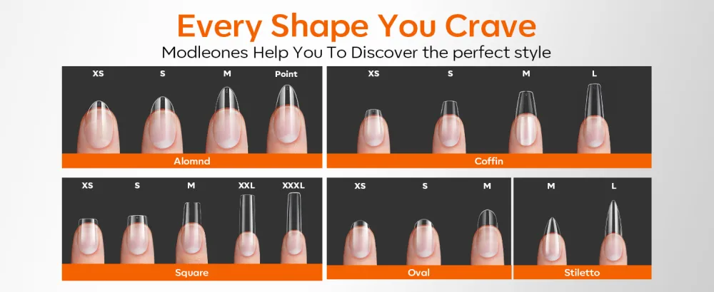  Modelones Modelones 360-Piece Full Cover False Nail Set - Soft Gel - PMMA Resin - DIY Application - Size XS - Car - Le texte indique « Toutes les formes dont vous rêvez ». Schéma dentaire montrant deux rangées de formes et d'alignements de dents au format noir et blanc.