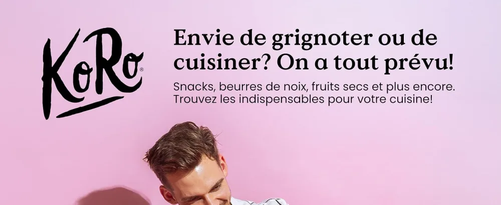  KoRo KoRo - Chilli flakes 500 g - Le texte indique « KoRo » et « Envie de grignoter ou de cuisiner ? C'est tout prévu ! » Image promotionnelle teintée de rose pour une marque d'aliments ou de cuisine.
