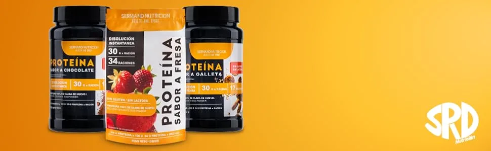  SERMAND Instant Egg White Protein Biscuit Flavor - SRD Sport Nutrition Instant Fit 510 Grams - Trois contenants de suppléments protéiques sur fond jaune. Deux bouteilles noires encadrent un bidon orange central. Les étiquettes des produits présentent des images des fruits et des informations nutritionnelles.