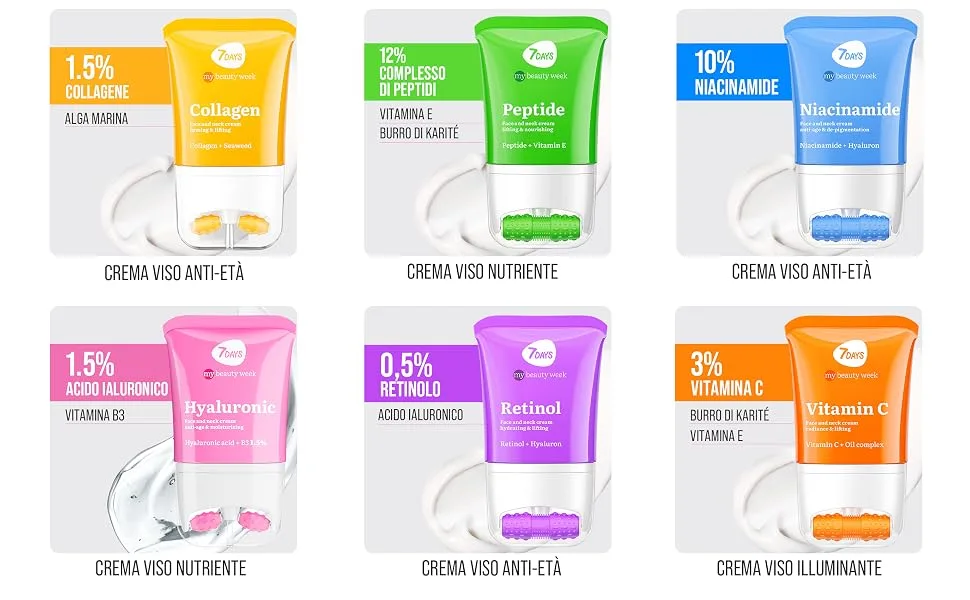  7Days 7Days Moisturizing and Anti-Ageing Face Cream with Ceramide - with Roller Massager Korean Skincare 80 ml - Collection de sachets de produits colorés disposés en rangées, avec des variantes jaunes, vertes, bleues, roses, violettes et oranges. Chaque paquet a une image de marque et une présentation graphique similaires.