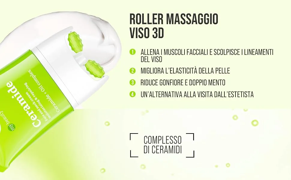  7Days 7Days Moisturizing and Anti-Ageing Face Cream with Ceramide - with Roller Massager Korean Skincare 80 ml - Le texte indique « ROLLER MASSAGGIO VISO 3D » avec un texte italien décrivant les bienfaits du massage facial. Mise en page des informations sur les produits sur le thème de l'écologie.