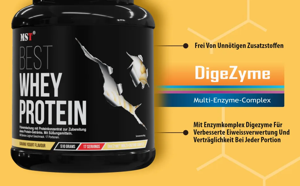  MST Best Whey Protein with DigeZyme by MST Nutrition | Protein Powder | Low Sugar | Made in Germany (Banana Yogurt 510 g) - aplus content image