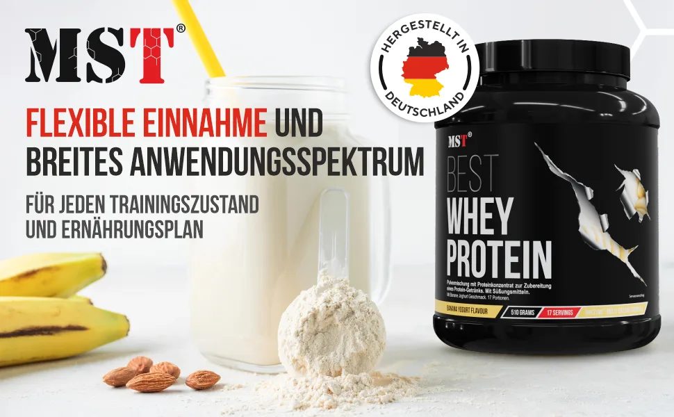  MST Best Whey Protein with DigeZyme by MST Nutrition | Protein Powder | Low Sugar | Made in Germany (Banana Yogurt 510 g) - aplus content image