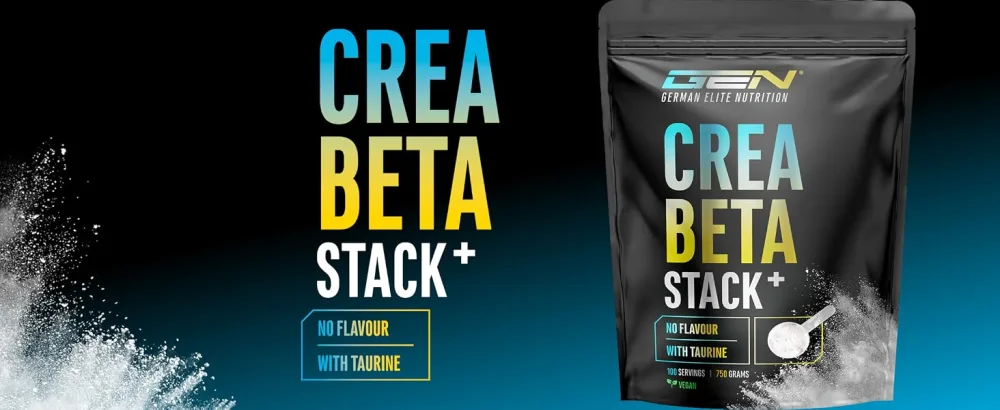  GEN GERMAN ELITE NUTRITION Creatine Beta Alanine Stack - 750g powder - creatine monohydrate + beta-alanine + L-taurine - high-quality micronized creatine - optimal dosage vegan - Le texte indique « CREA BETA STACK+ ». L'emballage du produit montre une pochette de supplément noire avec du texte cyan et jaune sur fond foncé avec un effet de poudre blanche.