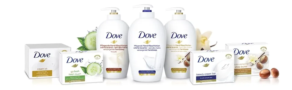 Dove go Fresh mild soap - 100 g - Collection de bouteilles en plastique blanc disposées en rangées, présentant divers produits de soins personnels ou de beauté sur fond blanc.