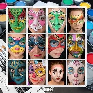  GRIMAS Water Make-Up Grimas 60 ml - Collection de motifs de peinture faciale disposés en grille, montrant divers motifs et dessins artistiques, y compris des créatures et des motifs décoratifs. Palette de peinture visible en arrière-plan.