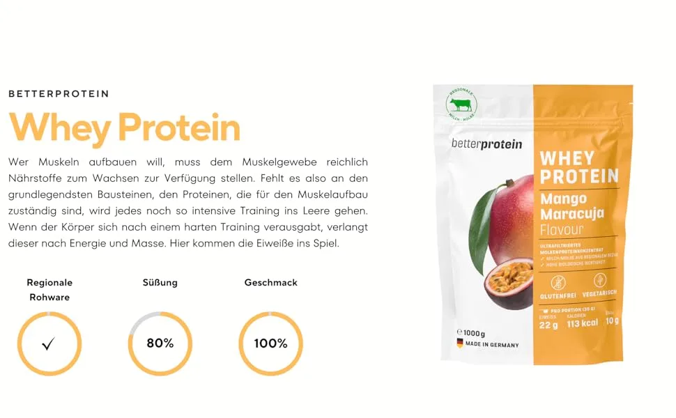  betterprotein betterprotein Whey Protein Mango/Passion Fruit 1 kg made in Germany from regional milk protein powder - Protéines protéinées betterprotein Sport Fitness