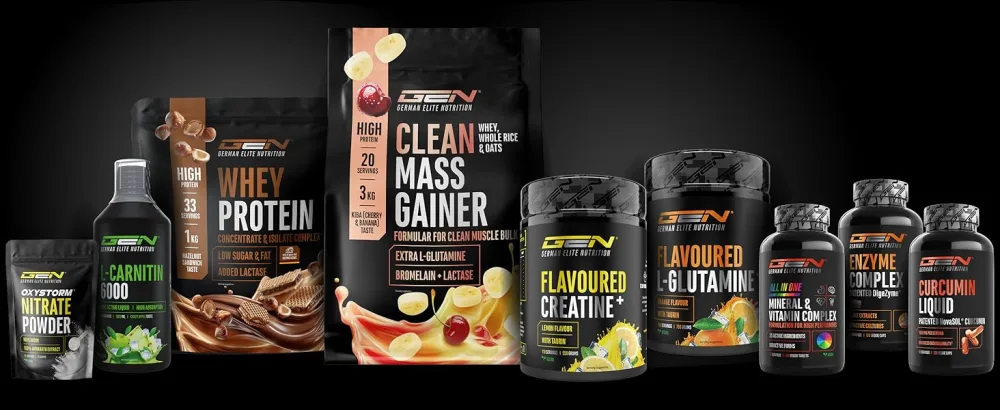  GEN GERMAN ELITE NUTRITION EAA powder 532g (38 servings) - The 9 essential amino acids incl. histidine & BCAA - Human Code formula - Vegan - Very good s - Gamme de produits comprenant plusieurs bouteilles et contenants noirs de ce qui semble être une gamme de produits cohérente sur un fond sombre avec un éclairage subtil.