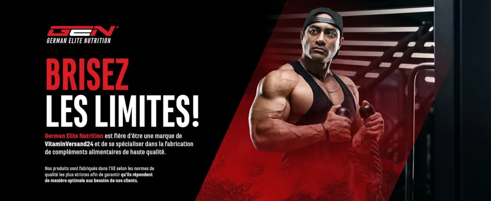  GEN GERMAN ELITE NUTRITION EAA powder 532g (38 servings) - The 9 essential amino acids incl. histidine & BCAA - Human Code formula - Vegan - Very good s - Le texte se lit comme suit : « BRISEZ LES LIMITES ! » Image d'équipement de fitness promotionnel montrant divers appareils de gym et équipements d'entraînement dans un environnement sombre avec un éclairage d'accentuation rouge.