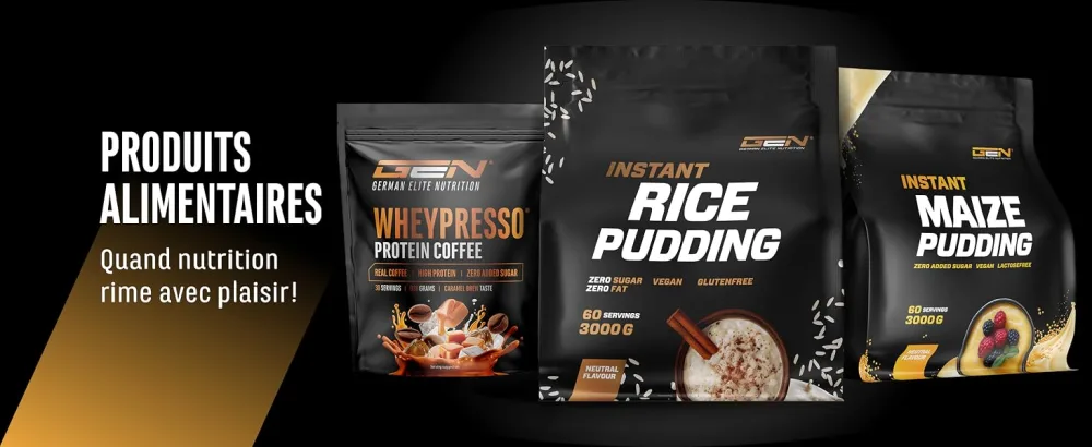  GEN GERMAN ELITE NUTRITION EAA Powder 532g (38 servings) - The 9 essential amino acids including histidine & BCAAs - Human Code Formula - Vegan - Very - Le texte se lit comme suit : « PRODUITS A SUGGESTIFS RICE PUDDING ». Image promotionnelle sombre montrant des scènes liées à l'alimentation et à l'emballage des produits.