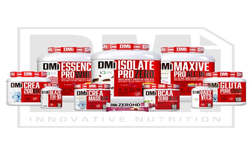  DMI INNOVATIVE NUTRITION DMI Protein ESSENCE PRO WHEY - Whey protein with DigeZyme and LactoSpore (2 kg Dark Cookies) - d'emballages de compléments nutritionnels avec étiquettes rouges et blanches, y compris diverses poudres de protéines et produits liés au conditionnement physique