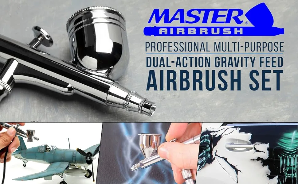 Master Airbrush Master Performance G233 Pro Set with 3 Nozzle Sets (0.2  0.3 & 0.5mm Needles  Fluid Tips and Air Caps) - Dual-Action Gravity Feed Airbrush  1/3 oz Cup  Cutaway Handle - How-to-Guide - Master Airbrush Professional Multi-Purpose Dual-Action Gravity Feed Airbrush Set
